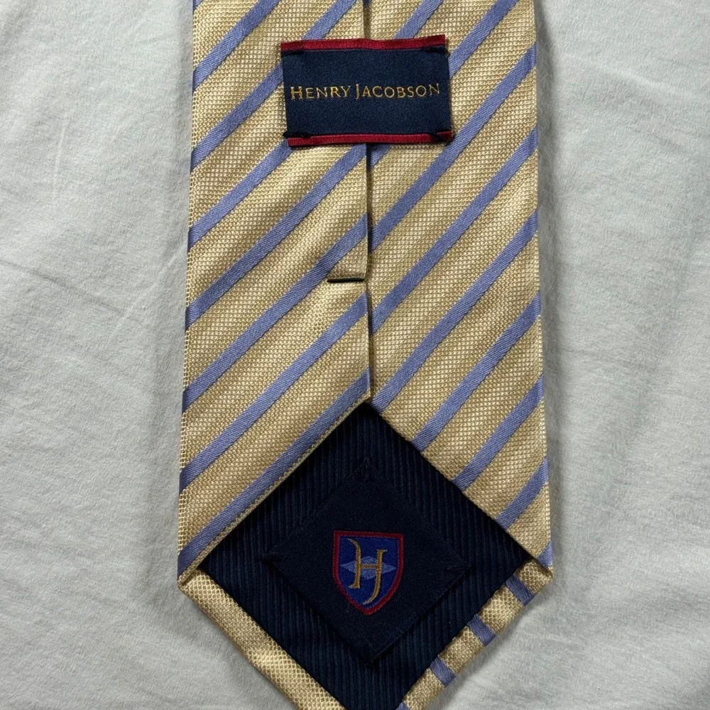 Henry‎ Jacobson Gold Blue Striped 100% Silk Necktie